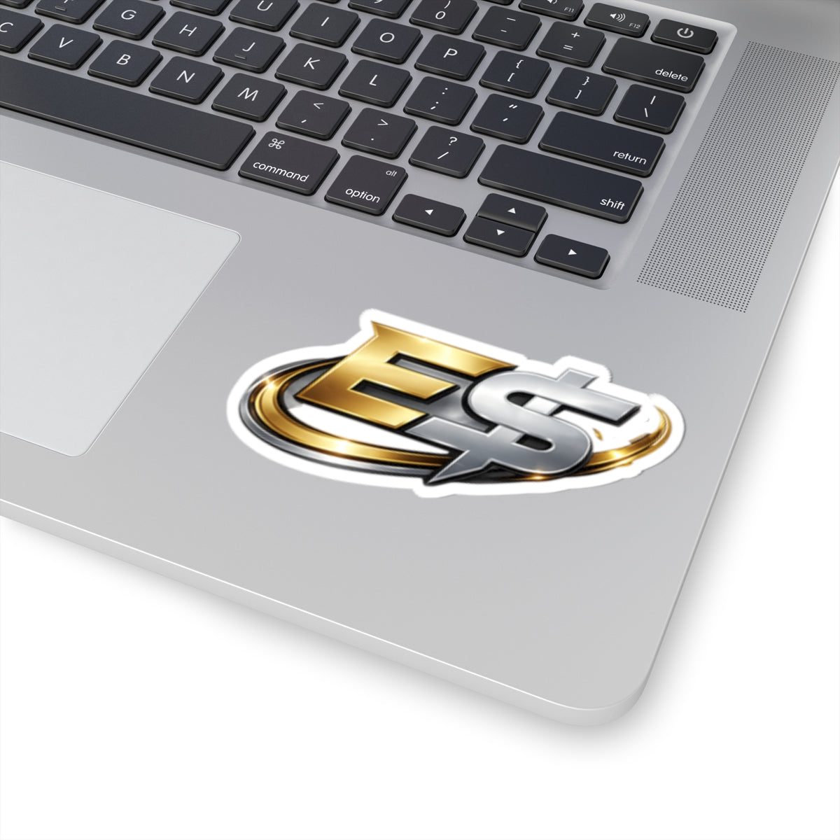 E Money Logo Kiss-Cut Sticker — Metallic Gold & Silver Laptop Decal