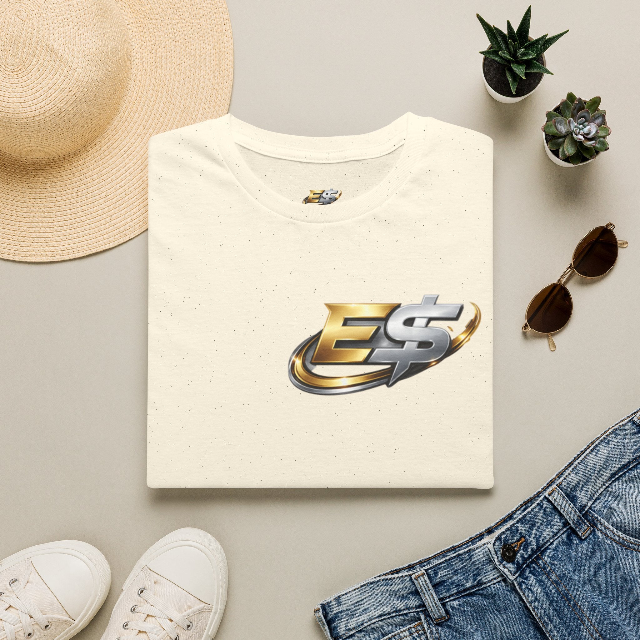 E Money Logo Graphic T‑Shirt — Metallic Gold & Silver Streetwear Tee