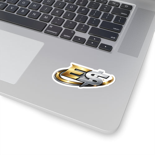 E Money Logo Kiss-Cut Sticker — Metallic Gold & Silver Laptop Decal