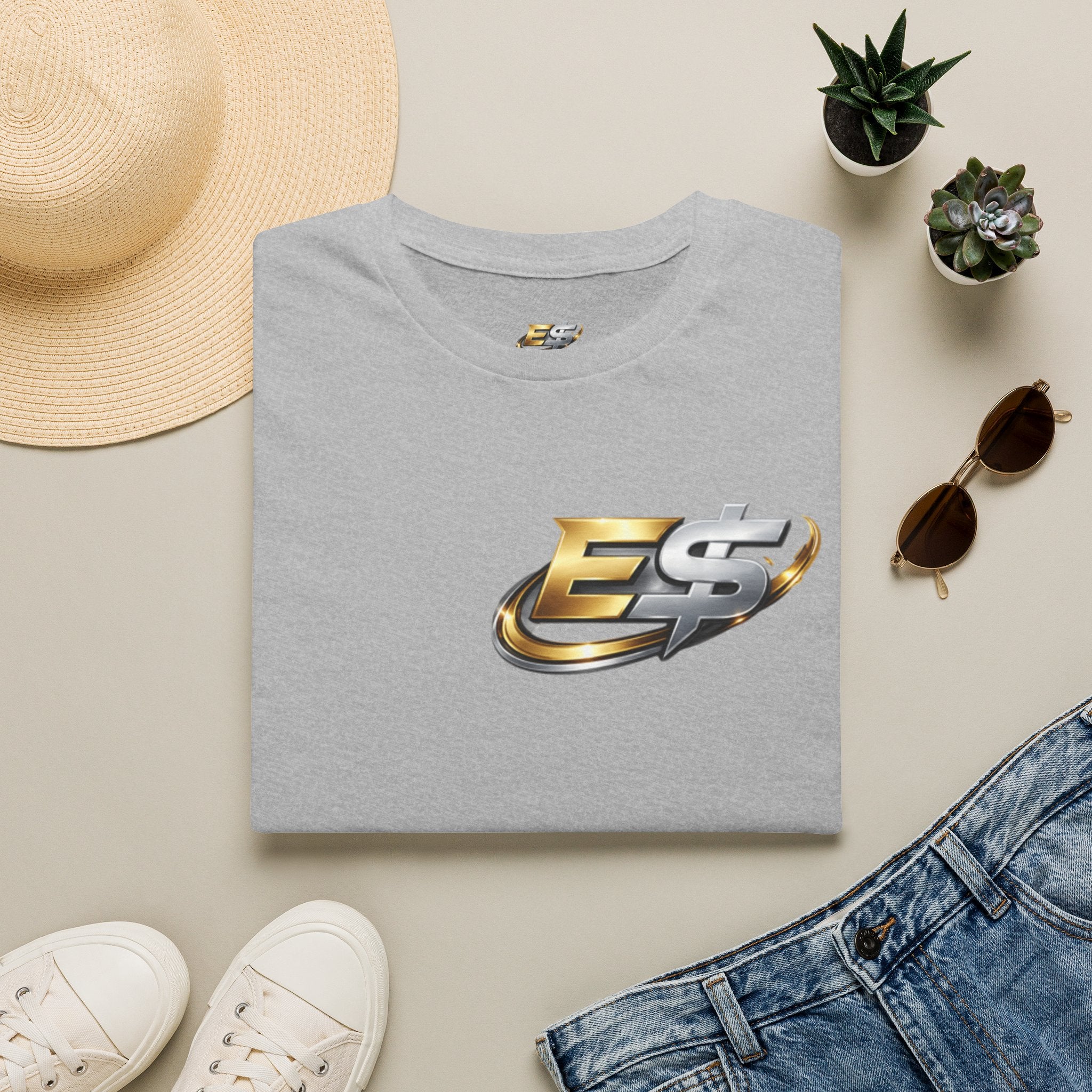 E Money Logo Graphic T‑Shirt — Metallic Gold & Silver Streetwear Tee