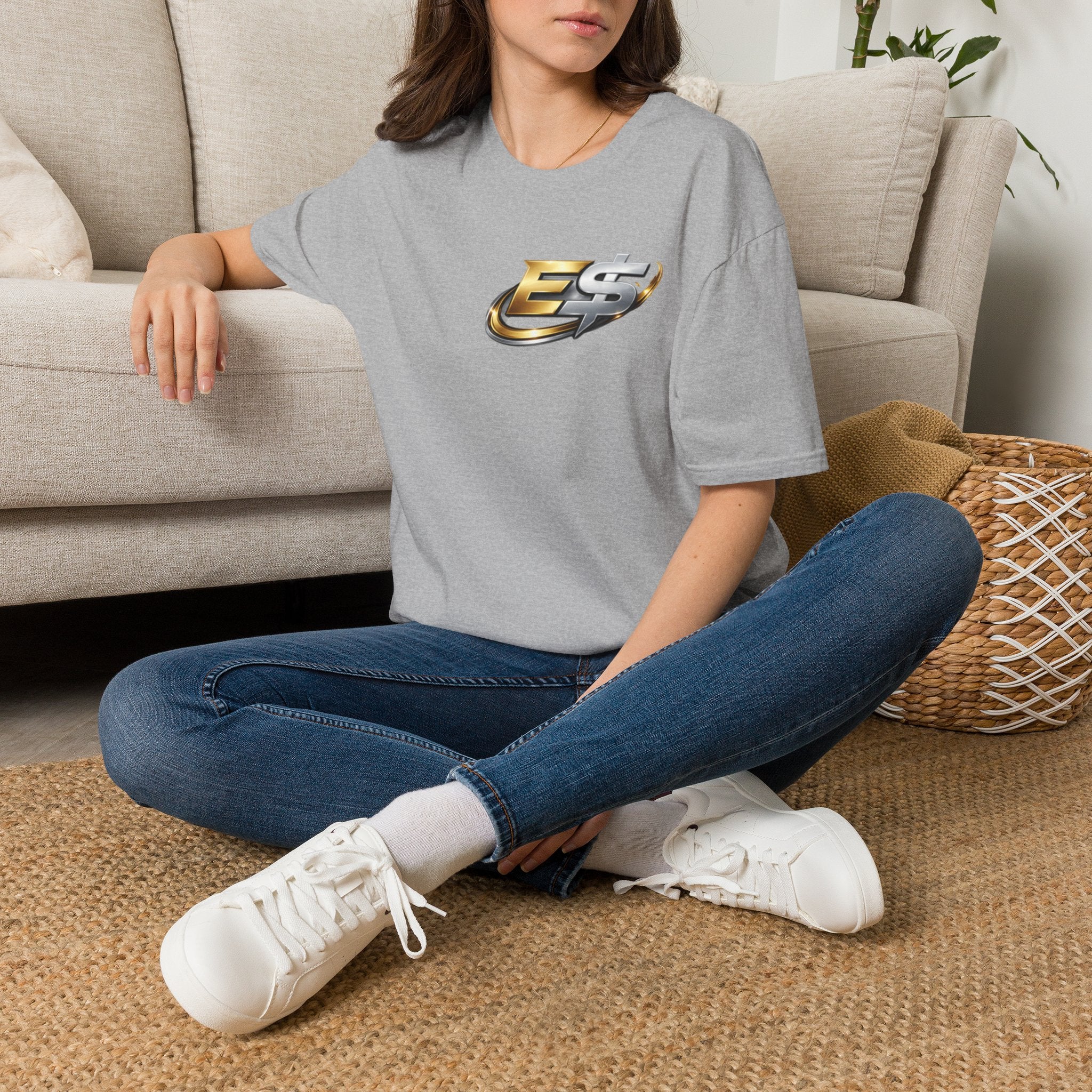 E Money Logo Graphic T‑Shirt — Metallic Gold & Silver Streetwear Tee