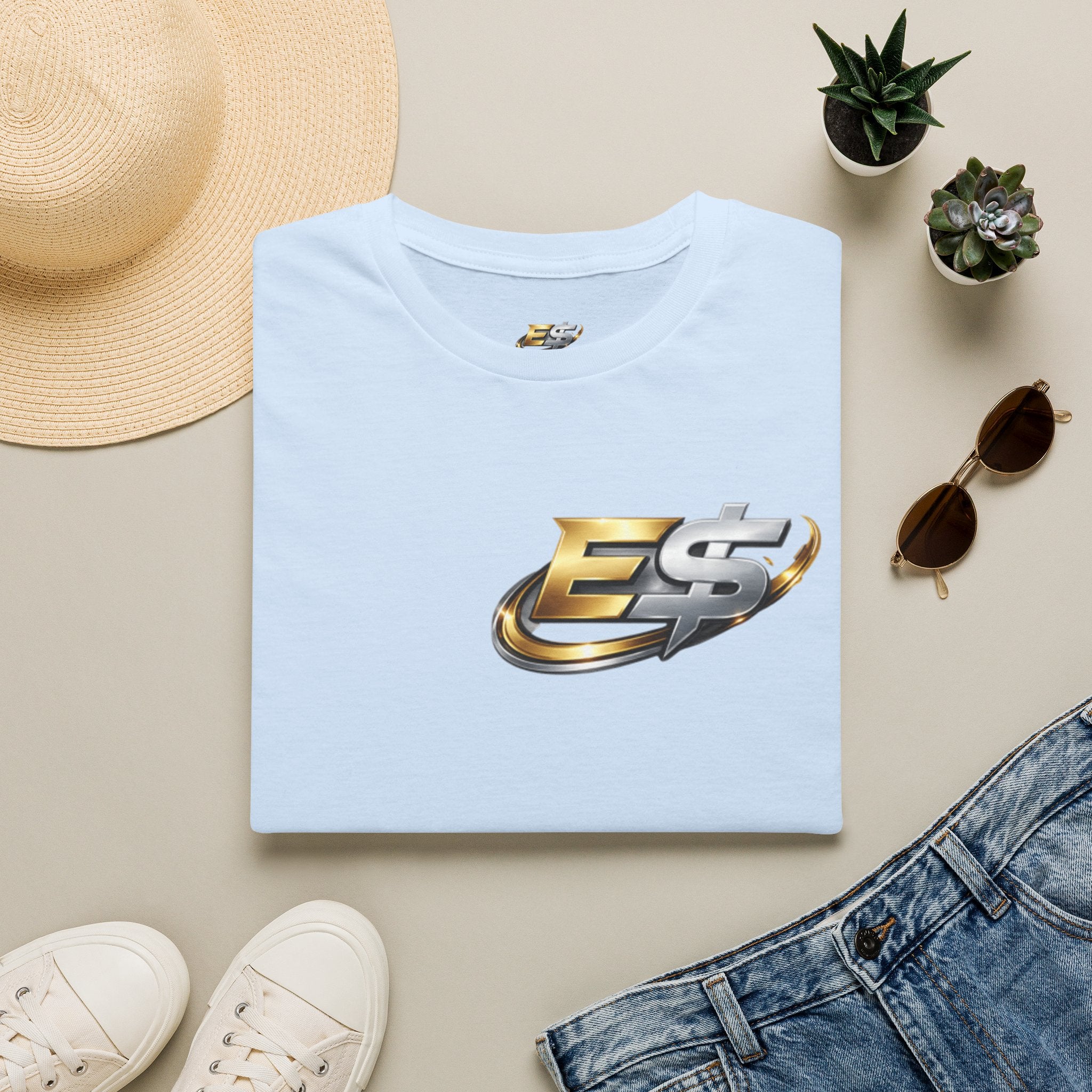 E Money Logo Graphic T‑Shirt — Metallic Gold & Silver Streetwear Tee
