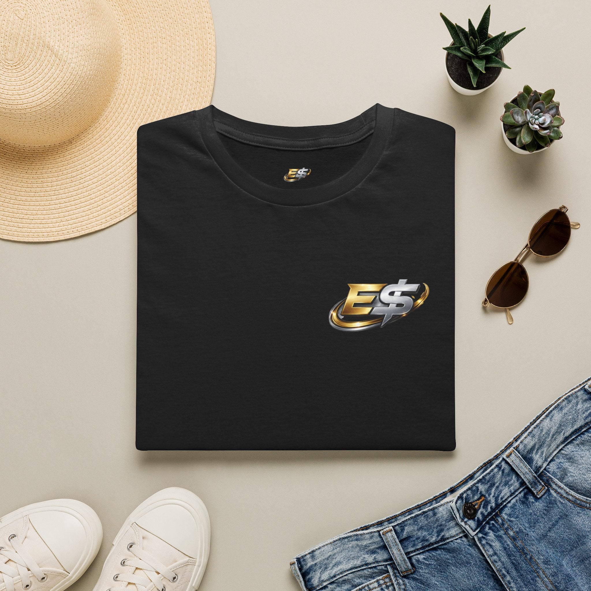 E Money Logo Graphic T‑Shirt — Metallic Gold & Silver Streetwear Tee