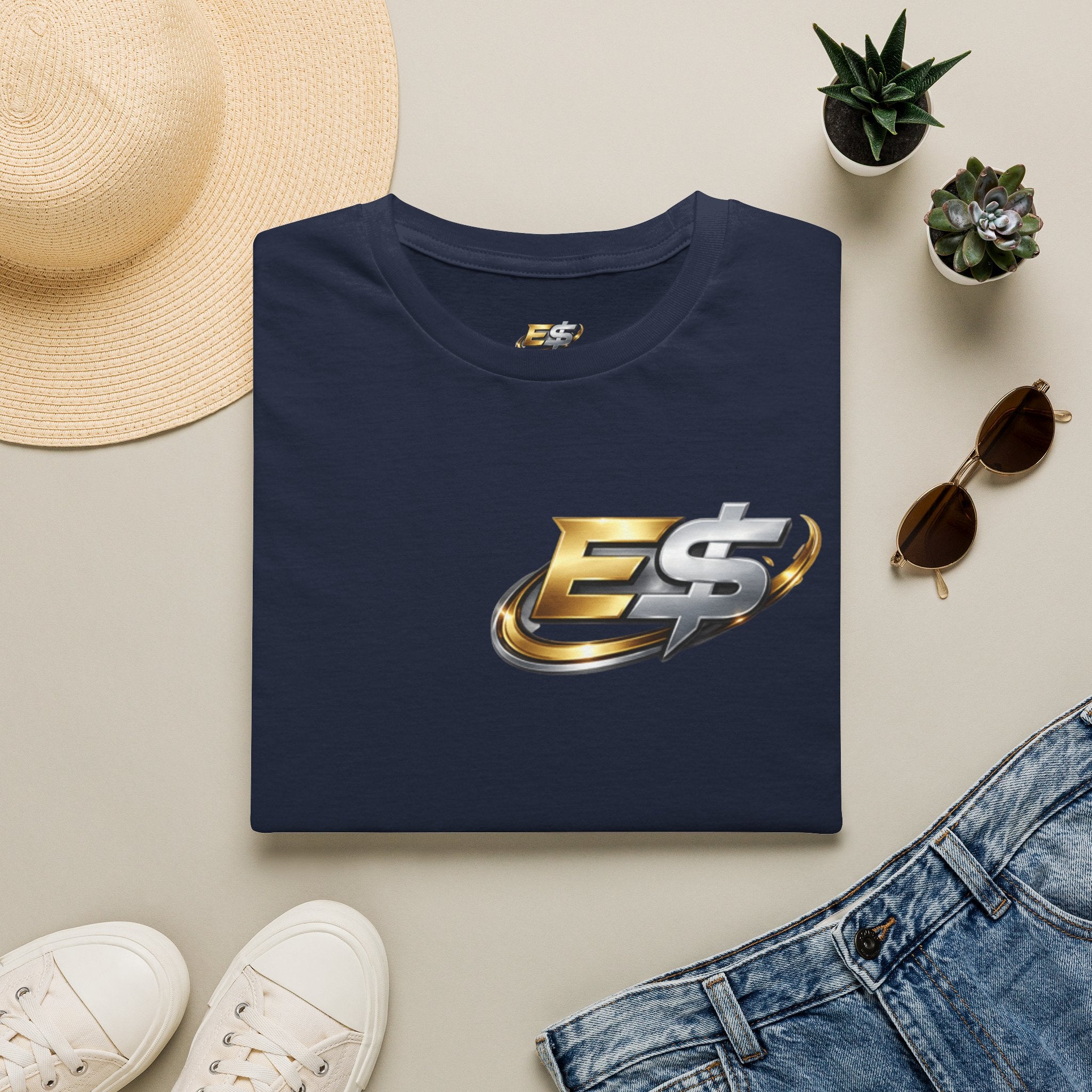 E Money Logo Graphic T‑Shirt — Metallic Gold & Silver Streetwear Tee