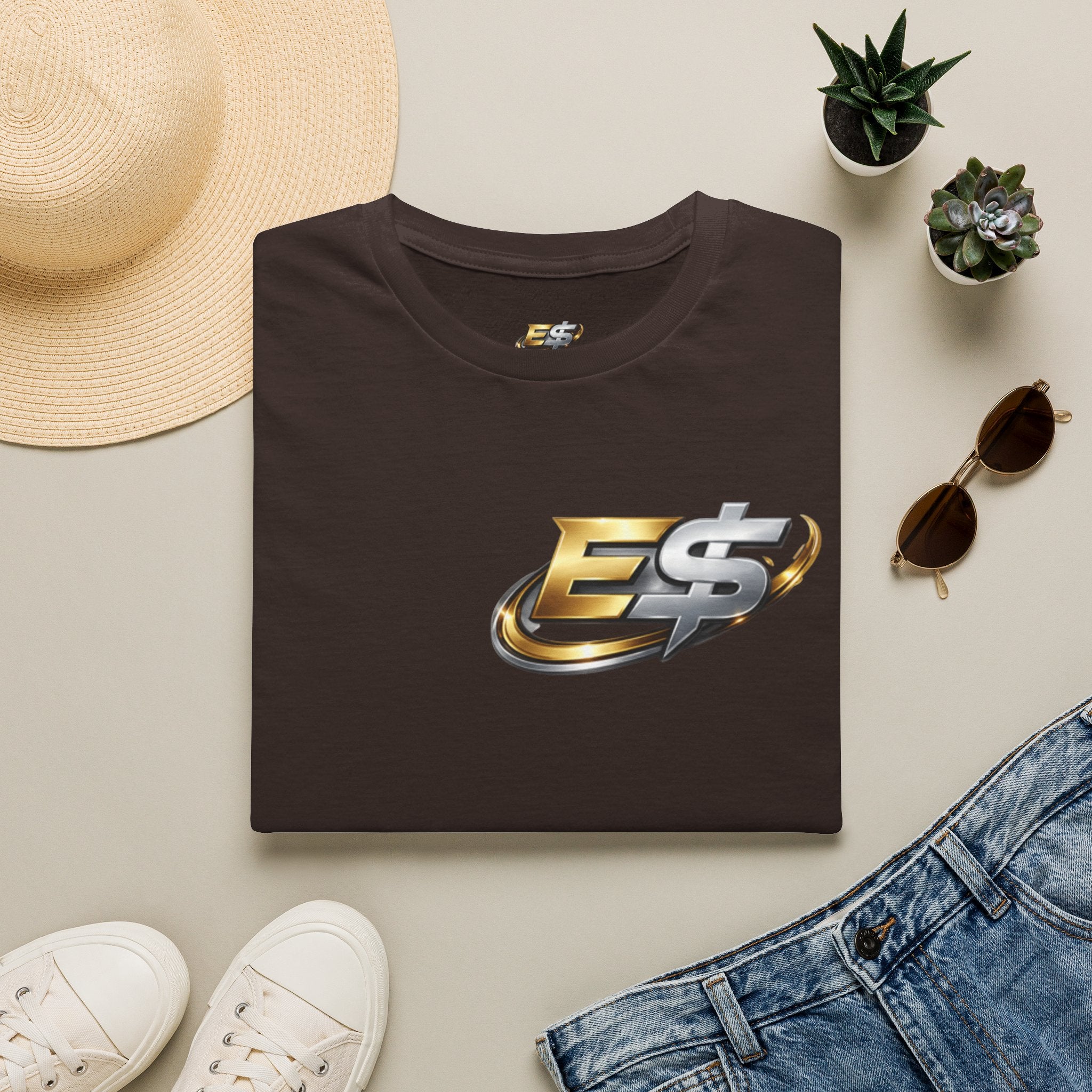E Money Logo Graphic T‑Shirt — Metallic Gold & Silver Streetwear Tee