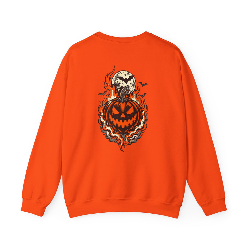 Crewneck Sweatshirt — Fiery Jack-o'-Lantern Moon Graphic (Halloween)
