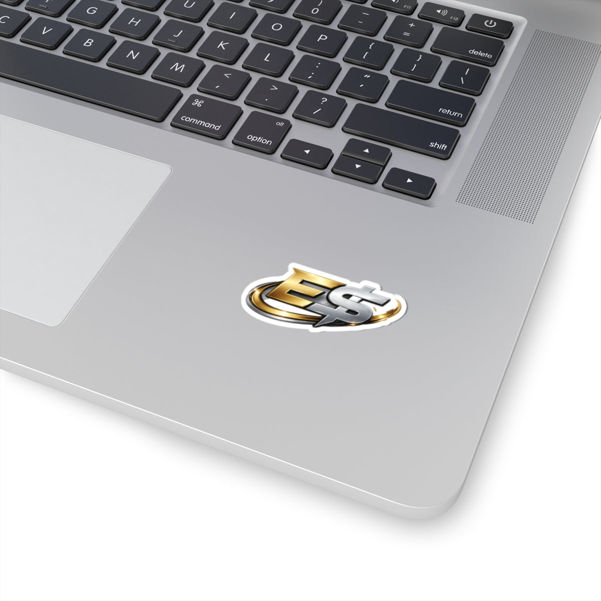 E Money Logo Kiss-Cut Sticker — Metallic Gold & Silver Laptop Decal