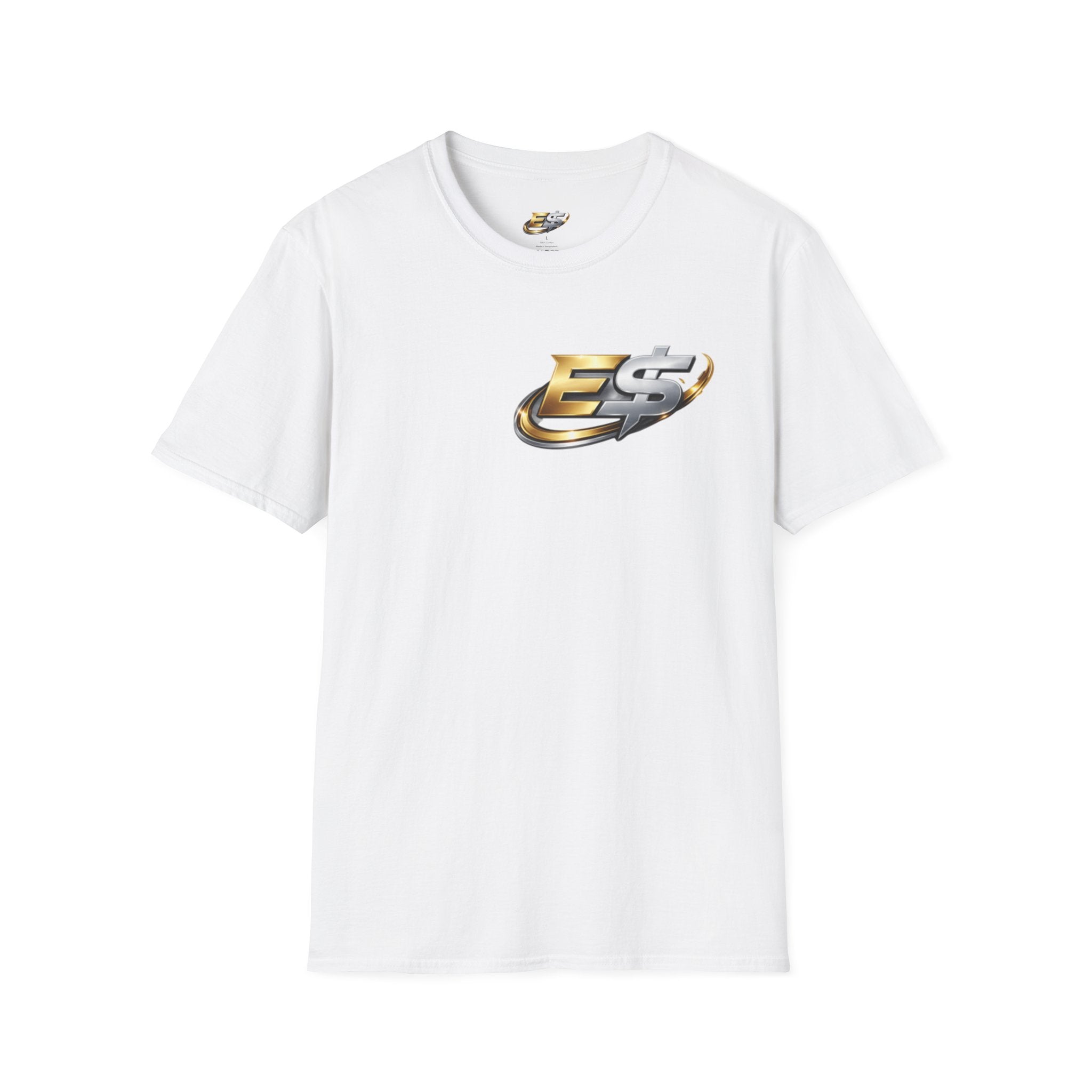 E Money Logo Graphic T‑Shirt — Metallic Gold & Silver Streetwear Tee