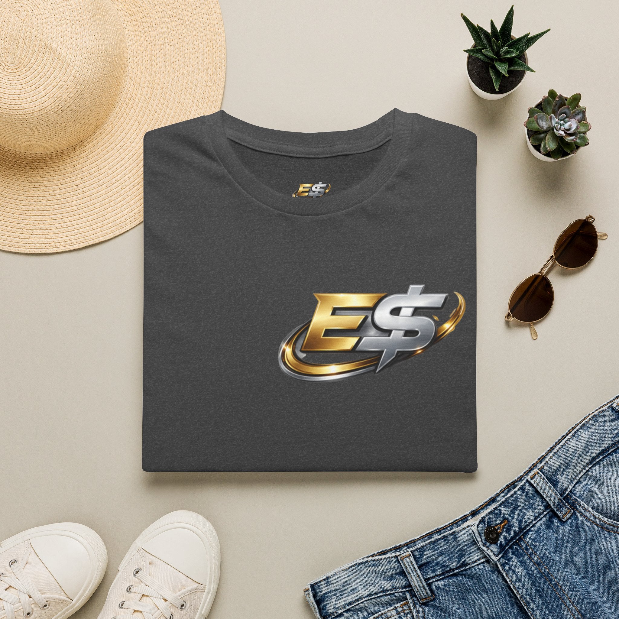 E Money Logo Graphic T‑Shirt — Metallic Gold & Silver Streetwear Tee